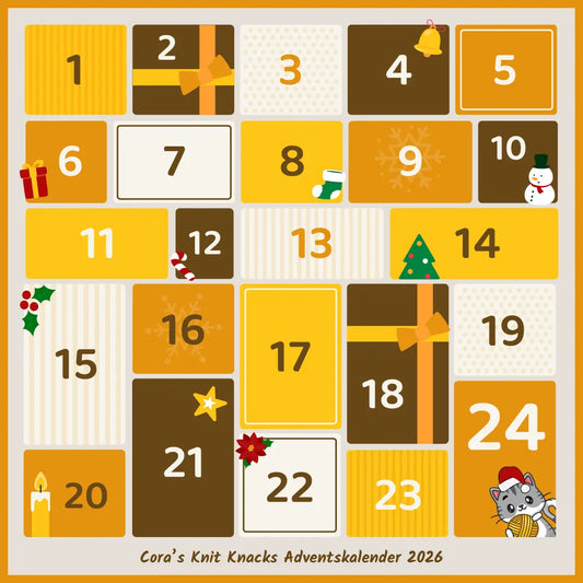 Overzichtsafbeelding van de adventskalender van 2026 met haakpatronen van Bolletje van Katoen, Crafting Dutchie, Craftsfrom.me, Marjahaakt en Cora's Knit Knacks